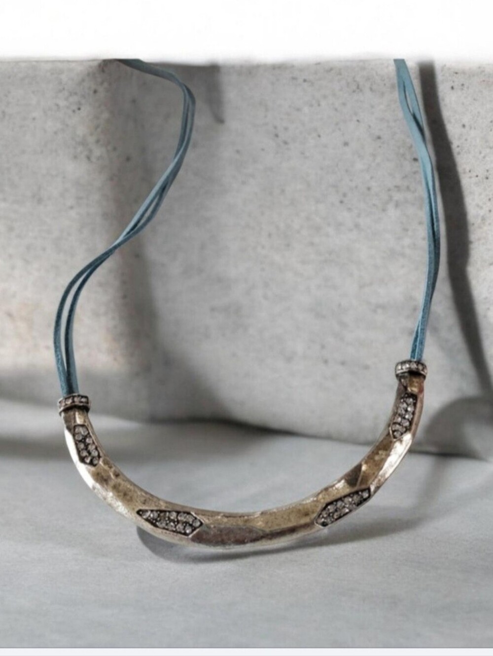 Antique Silver Tone Jeweled Bar Blue Cord Necklace π₯3βfor $24π₯